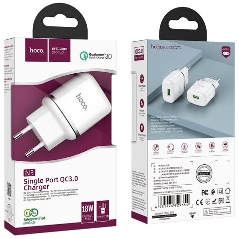 HOCO ładowarka sieciowa USB A QC3.0 3A 18W N3 biała HOCO ładowarka sieciowa USB A QC3.0 3A 18W N3 biała