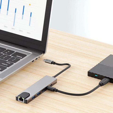 Adapter Tech-Protect HB02 HUB Adapter 6w1 USB-C + USB2.0 + USB3.0 + HDMI 4K 30Hz + RJ45 + PD100W - szary Adapter Tech-Protect HB02 HUB Adapter 6w1 USB-C + USB2.0 + USB3.0 + HDMI 4K 30Hz + RJ45 + PD100W - szary