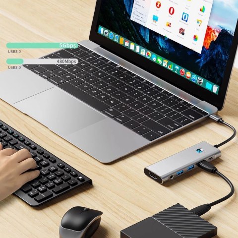 Adapter Tech-Protect HB04 HUB Adapter 9w1 USB-C + USB2.0 + USB3.0 + HDMI 4K 60Hz + SD / TF + PD100W + AV3.5 - szary Adapter Tech-Protect HB04 HUB Adapter 9w1 USB-C + USB2.0 + USB3.0 + HDMI 4K 60Hz + SD / TF + PD100W + AV3.5 - szary