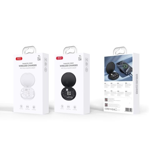XO ładowarka bezprzewodowa indukcyjna CX031 czarna 15W z kablem USB-C - USB-C i zestawem adapterów XO ładowarka bezprzewodowa indukcyjna CX031 czarna 15W z kablem USB-C - USB-C i zestawem adapterów
