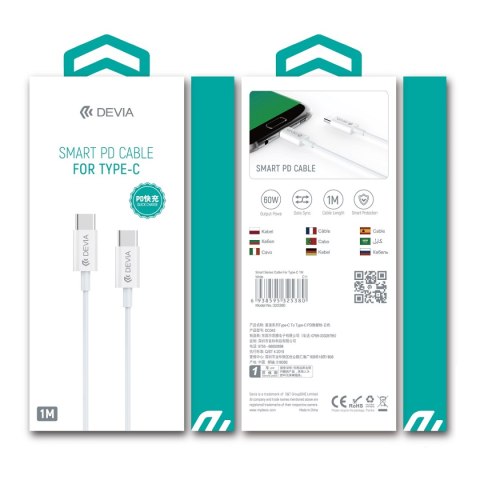 Devia kabel Smart EC042 PD USB-C - USB-C 1,0 m 60W 3A biały Devia kabel Smart EC042 PD USB-C - USB-C 1,0 m 60W 3A biały