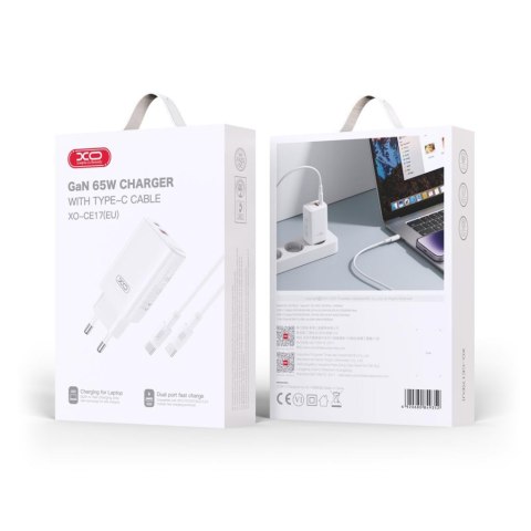 XO ładowarka sieciowa CE17 PD 65W 1x USB-C 1x USB biała + kabel USB-C - USB-C XO ładowarka sieciowa CE17 PD 65W 1x USB-C 1x USB biała + kabel USB-C - USB-C