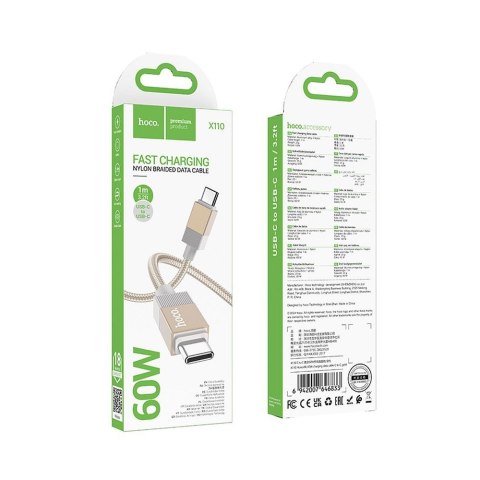 Kabel USB C do USB C Hoco 3A 60W 1 m X110 złoty Kabel USB C do USB C Hoco 3A 60W 1 m X110 złoty