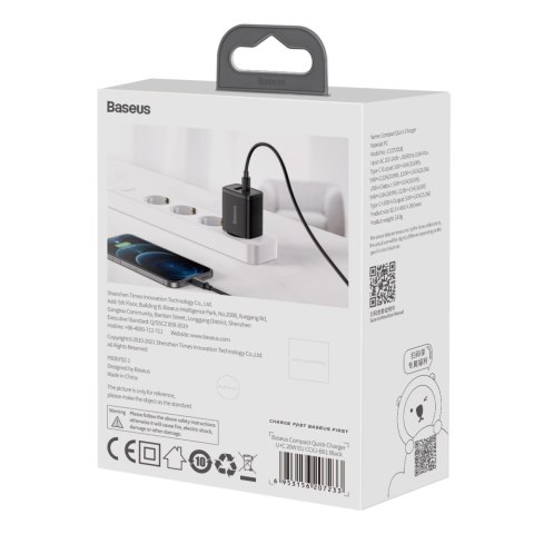 Baseus ładowarka sieciowa Compact PD 20W 1x USB-C 1x USB czarna Baseus ładowarka sieciowa Compact PD 20W 1x USB-C 1x USB czarna