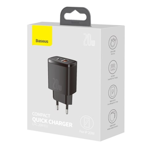Baseus ładowarka sieciowa Compact PD 20W 1x USB-C 1x USB czarna Baseus ładowarka sieciowa Compact PD 20W 1x USB-C 1x USB czarna
