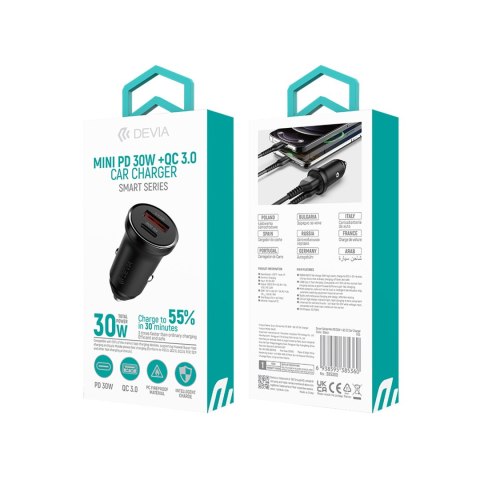 Devia ładowarka samochodowa Smart Mini PD QC 3.0 30W 1x USB 1x USB-C biała Devia ładowarka samochodowa Smart Mini PD QC 3.0 30W 1x USB 1x USB-C biała