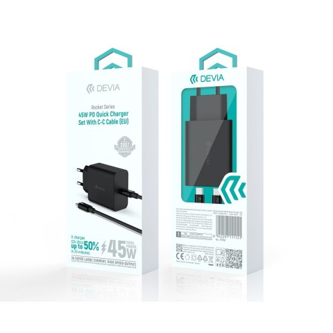 Devia ładowarka sieciowa Rocket PD 45W 1x USB-C czarna + kabel USB-C - USB-C Devia ładowarka sieciowa Rocket PD 45W 1x USB-C czarna + kabel USB-C - USB-C
