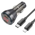 HOCO ładowarka samochodowa 2 x Typ C z wyświetlaczem + kabel Typ C do Lightning PD QC3.0 3A 60W NZ12C transparentna czarna