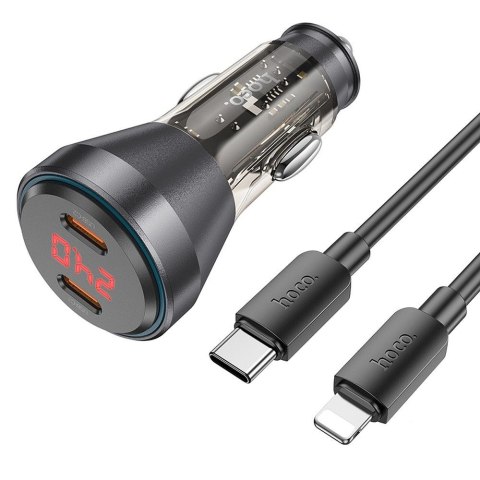 HOCO ładowarka samochodowa 2 x Typ C z wyświetlaczem + kabel Typ C do Lightning PD QC3.0 3A 60W NZ12C transparentna czarna