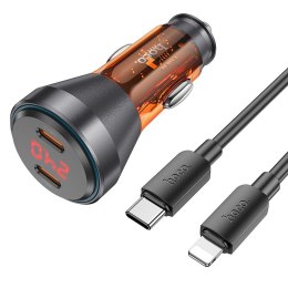 HOCO ładowarka samochodowa 2 x Typ C z wyświetlaczem + kabel Typ C do Lightning PD QC3.0 3A 60W NZ12C transparentna pomarańczowa