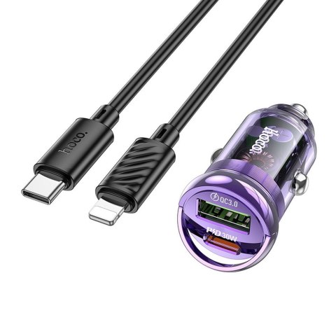HOCO ładowarka samochodowa USB A + Typ C + kabel Typ C do Lightning PD QC3.0 3A 30W Z53A fioletowa