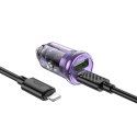 HOCO ładowarka samochodowa USB A + Typ C + kabel Typ C do Lightning PD QC3.0 3A 30W Z53A fioletowa