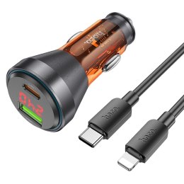 HOCO ładowarka samochodowa USB A + Typ C z wyświetlaczem + kabel Typ C do Lightning PD QC3.0 3A 48W NZ12B transparentna pomarańc