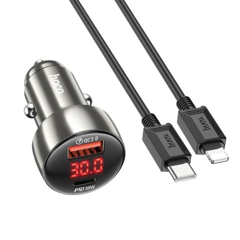 HOCO ładowarka samochodowa USB A + Typ C z wyświetlaczem + kabel Typ C do Lightning PD QC3.0 3A 48W Z50 metal szary
