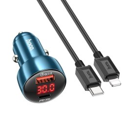 HOCO ładowarka samochodowa USB A + Typ C z wyświetlaczem + kabel Typ C do Lightning PD QC3.0 3A 48W Z50 niebieska