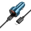HOCO ładowarka samochodowa USB A + Typ C z wyświetlaczem + kabel Typ C do Lightning PD QC3.0 3A 48W Z50 niebieska