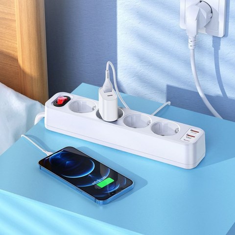 HOCO listwa zasilająca 4 gniazda + 2 x USB A + Typ C PD QC3.0 3A 20W NS1 1,8 m biała HOCO listwa zasilająca 4 gniazda + 2 x USB A + Typ C PD QC3.0 3A 20W NS1 1,8 m biała