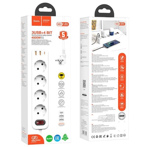 HOCO listwa zasilająca 4 gniazda + 2 x USB A + Typ C PD QC3.0 3A 20W NS1 1,8 m biała HOCO listwa zasilająca 4 gniazda + 2 x USB A + Typ C PD QC3.0 3A 20W NS1 1,8 m biała