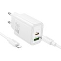HOCO ładowarka sieciowa USB A + Typ C + kabel Typ C do Lightning PD QC3.0 3A 30W N63 biała