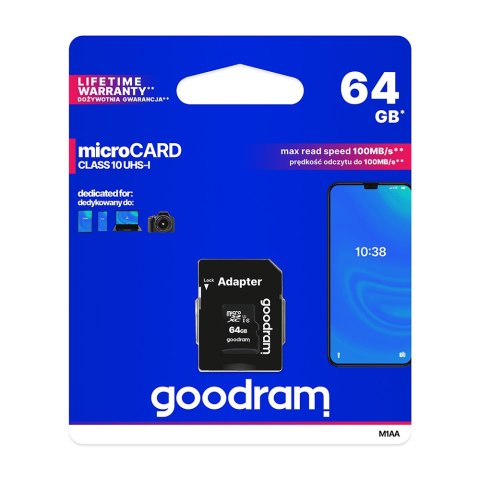 GoodRam karta pamięci 64GB microSDXC kl. 10 UHS-I 30 / 15 MB/s + adapter GoodRam karta pamięci 64GB microSDXC kl. 10 UHS-I 30 / 15 MB/s + adapter