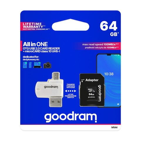 GoodRam karta pamięci 64GB microSDHC kl. 10 UHS-I + adapter + czytnik kart GoodRam karta pamięci 64GB microSDHC kl. 10 UHS-I + adapter + czytnik kart