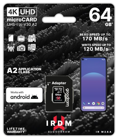 GoodRam karta pamięci IRDM 64GB microSD UHS-I U3 V30 z adapterem GoodRam karta pamięci IRDM 64GB microSD UHS-I U3 V30 z adapterem