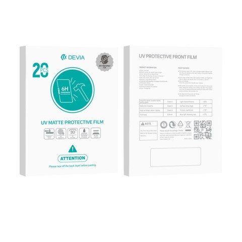 Devia Zestaw folii smartfon UV 0,19mm matowa do maszyny tnącej 20szt 6H Devia Zestaw folii smartfon UV 0,19mm matowa do maszyny tnącej 20szt 6H