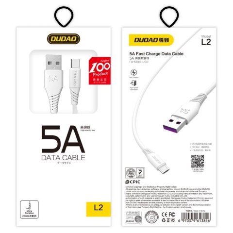 Dudao przewód kabel USB / USB Typ C 5A 2m biały (L2T 2m white) Dudao przewód kabel USB / USB Typ C 5A 2m biały (L2T 2m white)