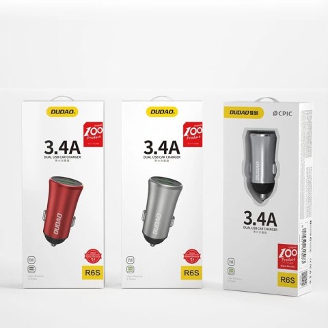 Dudao 3,4A inteligentna ładowarka samochodowa 2x USB srebrny (R6S silver) Dudao 3,4A inteligentna ładowarka samochodowa 2x USB srebrny (R6S silver)