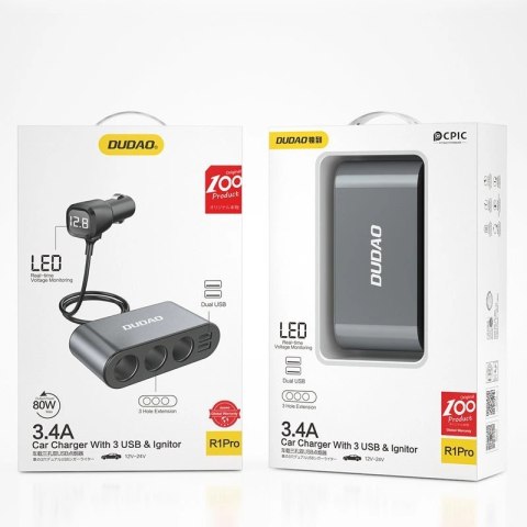 Dudao ładowarka samochodowa 2x USB / 3x rozdzielacz gniazda zapalniczki czarny (R1Pro black) Dudao ładowarka samochodowa 2x USB / 3x rozdzielacz gniazda zapalniczki czarny (R1Pro black)