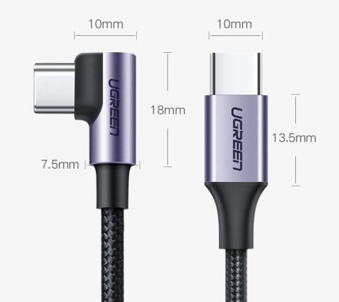 Kabel Ugreen US255 50125 USB-C (prosty) / USB-C (kątowy) PD QC 60W 3A 2m - szary Kabel Ugreen US255 50125 USB-C (prosty) / USB-C (kątowy) PD QC 60W 3A 2m - szary