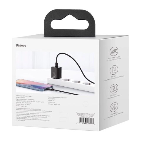 Baseus Super Si 1C szybka ładowarka USB Typ C 20W Power Delivery + kabel USB Typ C - Lightning 1m czarny (TZCCSUP-B01) Baseus Super Si 1C szybka ładowarka USB Typ C 20W Power Delivery + kabel USB Typ C - Lightning 1m czarny (TZCCSUP-B01)
