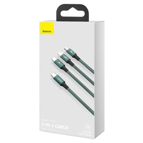 Kabel Baseus Rapid Series 3w1 USB-C - USB-C / Lightning / micro USB 20W PD 1.5m - zielony Kabel Baseus Rapid Series 3w1 USB-C - USB-C / Lightning / micro USB 20W PD 1.5m - zielony