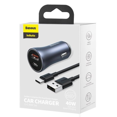 Ładowarka Baseus Golden Contactor Pro do samochodu USB-C / USB-A 40W PD QC 4+ SCP FCP AFC + kabel - szara Ładowarka Baseus Golden Contactor Pro do samochodu USB-C / USB-A 40W PD QC 4+ SCP FCP AFC + kabel - szara
