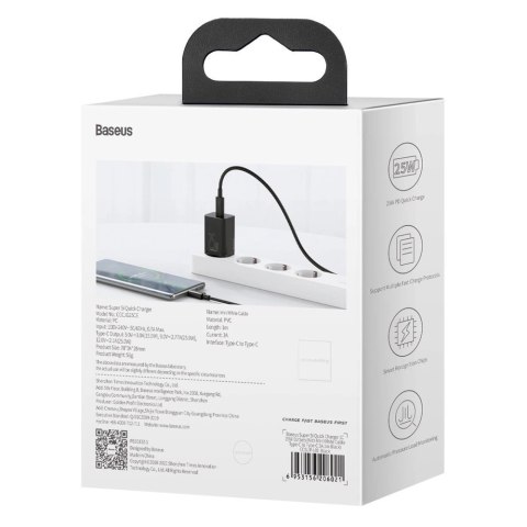 Baseus Super Si szybka ładowarka sieciowa Quick Charge 3.0 Power Delivery 25W 3A + Kabel USB Typ C - USB Typ C 3A 1m czarny (TZC Baseus Super Si szybka ładowarka sieciowa Quick Charge 3.0 Power Delivery 25W 3A + Kabel USB Typ C - USB Typ C 3A 1m czarny (TZC