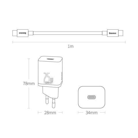 Baseus Super Si szybka ładowarka sieciowa Quick Charge 3.0 Power Delivery 25W 3A + Kabel USB Typ C - USB Typ C 3A 1m czarny (TZC Baseus Super Si szybka ładowarka sieciowa Quick Charge 3.0 Power Delivery 25W 3A + Kabel USB Typ C - USB Typ C 3A 1m czarny (TZC