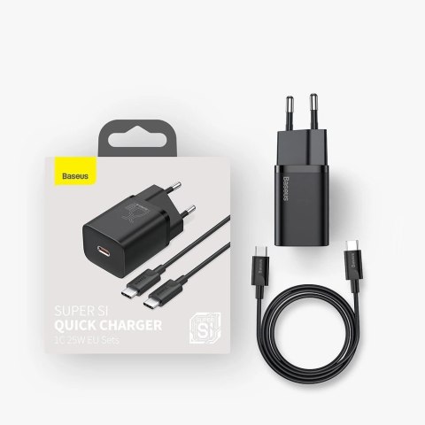 Baseus Super Si szybka ładowarka sieciowa Quick Charge 3.0 Power Delivery 25W 3A + Kabel USB Typ C - USB Typ C 3A 1m czarny (TZC Baseus Super Si szybka ładowarka sieciowa Quick Charge 3.0 Power Delivery 25W 3A + Kabel USB Typ C - USB Typ C 3A 1m czarny (TZC