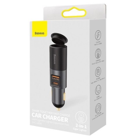 Baseus Share Together ładowarka samochodowa USB / USB Typ C / gniazdo zapalniczki 120W Quick Charge Power Delivery szary (CCBT-C Baseus Share Together ładowarka samochodowa USB / USB Typ C / gniazdo zapalniczki 120W Quick Charge Power Delivery szary (CCBT-C