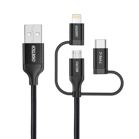Choetech 3w1 kabel USB MFI Lightning / USB Typ C / micro USB (ładowanie 3A / przesyłanie danych 480 Mbps) 1,2 m czarny (IP0030-B Choetech 3w1 kabel USB MFI Lightning / USB Typ C / micro USB (ładowanie 3A / przesyłanie danych 480 Mbps) 1,2 m czarny (IP0030-B