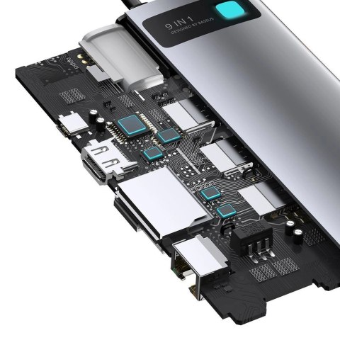 HUB Baseus Metal Gleam 9w1 USB-C - 3x USB 3.2 Gen 1 / USB-C PD 100W / VGA / HDMI / czytnik kart TF, SD / RJ45 - szary (CAHUB-CU0