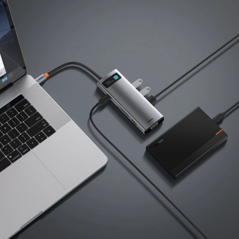 HUB Baseus Metal Gleam 9w1 USB-C - 3x USB 3.2 Gen 1 / USB-C PD 100W / VGA / HDMI / czytnik kart TF, SD / RJ45 - szary (CAHUB-CU0