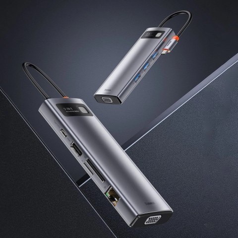 HUB Baseus Metal Gleam 9w1 USB-C - 3x USB 3.2 Gen 1 / USB-C PD 100W / VGA / HDMI / czytnik kart TF, SD / RJ45 - szary (CAHUB-CU0