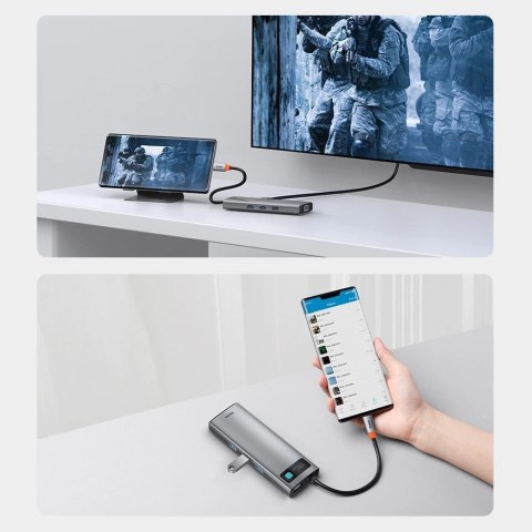 HUB Baseus Metal Gleam 9w1 USB-C - 3x USB 3.2 Gen 1 / USB-C PD 100W / VGA / HDMI / czytnik kart TF, SD / RJ45 - szary (CAHUB-CU0