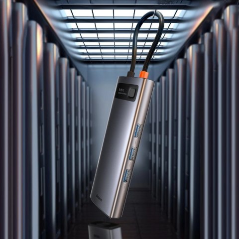HUB Baseus Metal Gleam 9w1 USB-C - 3x USB 3.2 Gen 1 / USB-C PD 100W / VGA / HDMI / czytnik kart TF, SD / RJ45 - szary (CAHUB-CU0