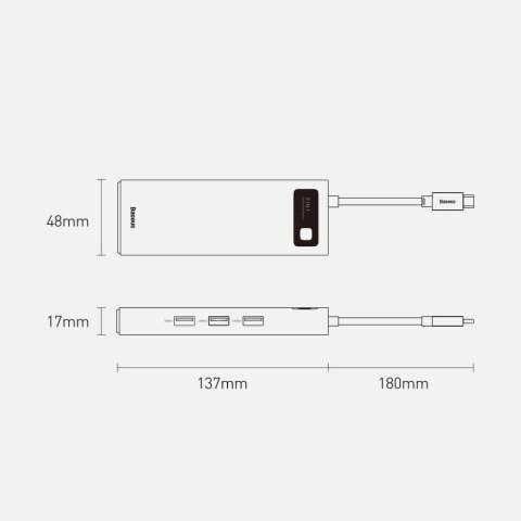 HUB Baseus Metal Gleam 9w1 USB-C - 3x USB 3.2 Gen 1 / USB-C PD 100W / VGA / HDMI / czytnik kart TF, SD / RJ45 - szary (CAHUB-CU0