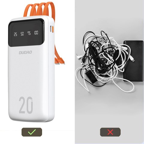 Dudao pojemny powerbank z 3 wbudowanymi kablami 20000mAh USB Typ C + micro USB + Lightning biały (Dudao K6Pro+)