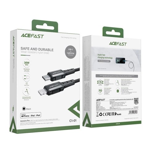 Kabel Acefast C1-01 Lightning - USB-C MFi PD 30W 3A 480Mb/s 1,2m - czarny Kabel Acefast C1-01 Lightning - USB-C MFi PD 30W 3A 480Mb/s 1,2m - czarny
