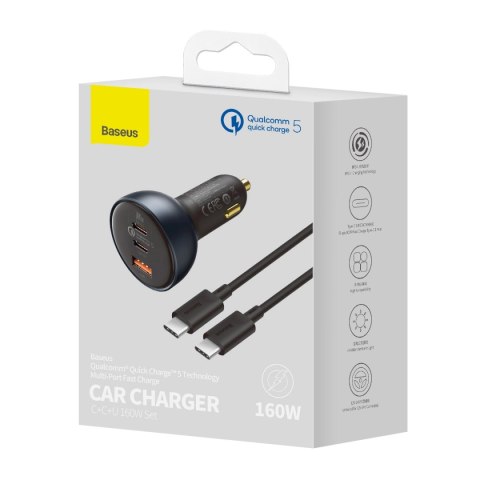 Ładowarka Baseus TZCCZM-0G samochodowa USB-A / USB-C 160W PPS / QC 5 / PD - szara Ładowarka Baseus TZCCZM-0G samochodowa USB-A / USB-C 160W PPS / QC 5 / PD - szara