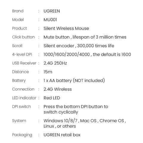 Ugreen poręczna myszka bezprzewodowa USB szary (MU001)