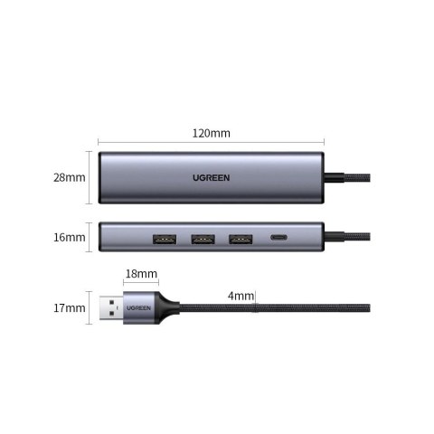 Ugreen wielofunkcyjny adapter HUB USB 3.0 - 3 x USB / Ethernet RJ-45 / USB Typ C PD szary (CM475)